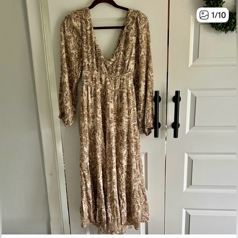 Anthropologie Dress‎ Forum Boho Floral Long Sleeve Maxi Dress in Beige large